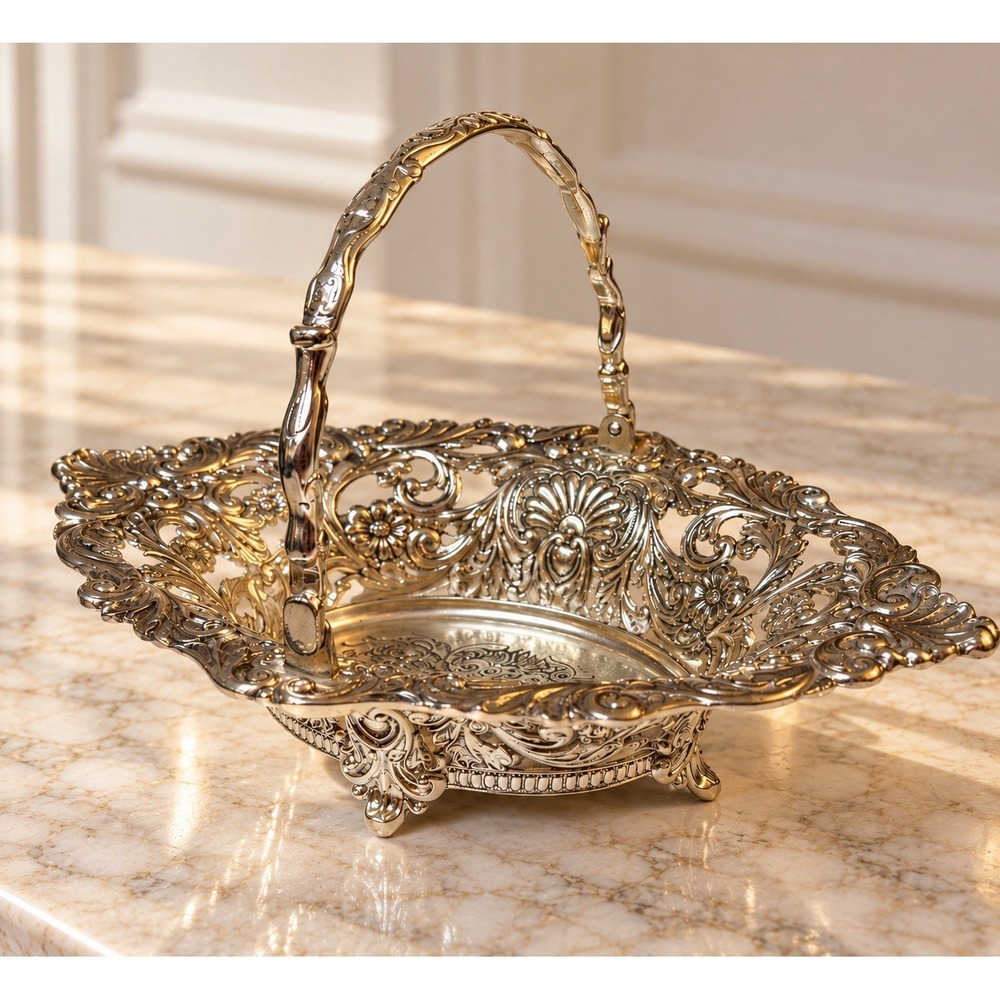 Ornate Silver Tone Brides Basket Footed Floral Filigree Swing Handle